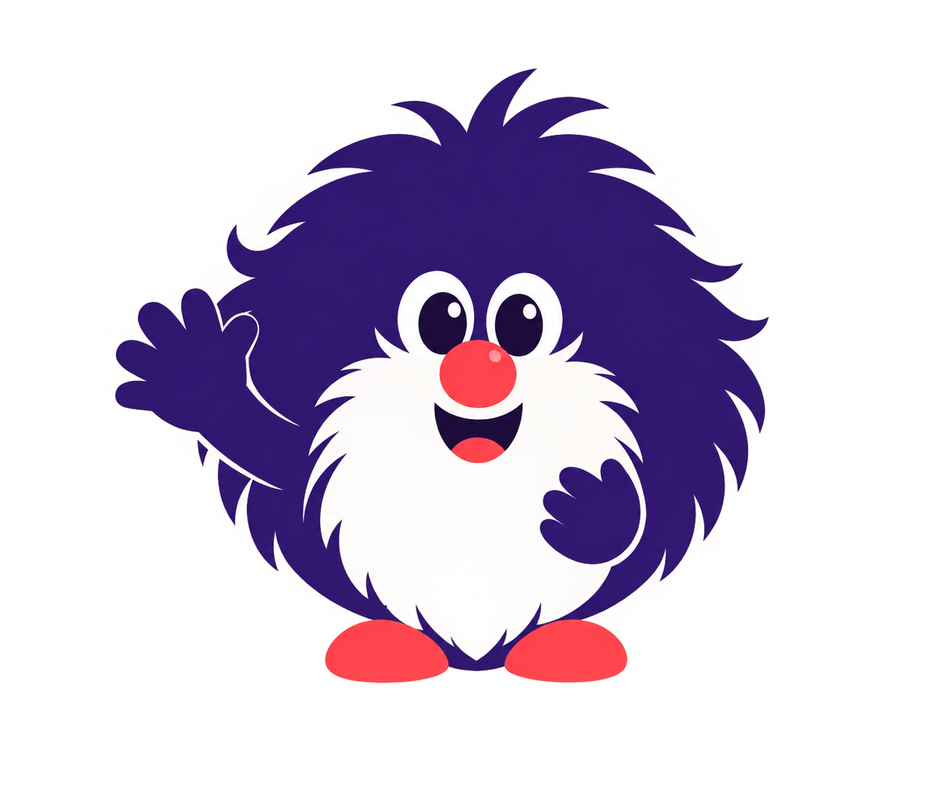 The Domovoi mascot waving. A plum fluffy creature with a coral nose